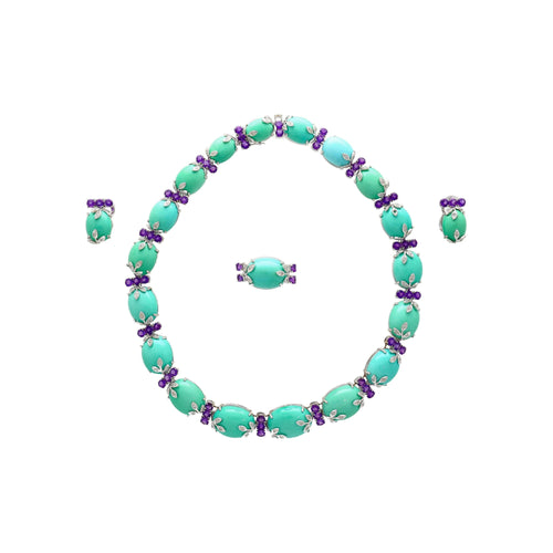 Vintage Turquoise, Amethyst and Diamond Ring, Earring, and Necklace Jewelry Set