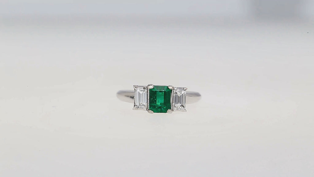 1.07 Carat Square-Cut Emerald and Diamond Three Stone Platinum Ring