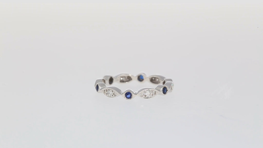 14K White Gold Bezel Blue Sapphire & Diamond Stack 3MM Band Ring