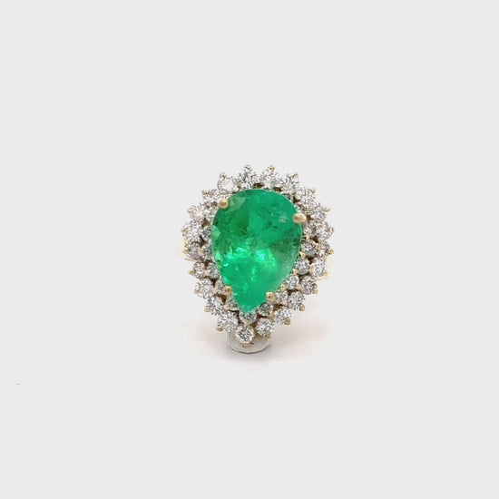 5.75 Carat Pear Cut Colombian Emerald Diamond Halo 18K Gold Emerald Ring