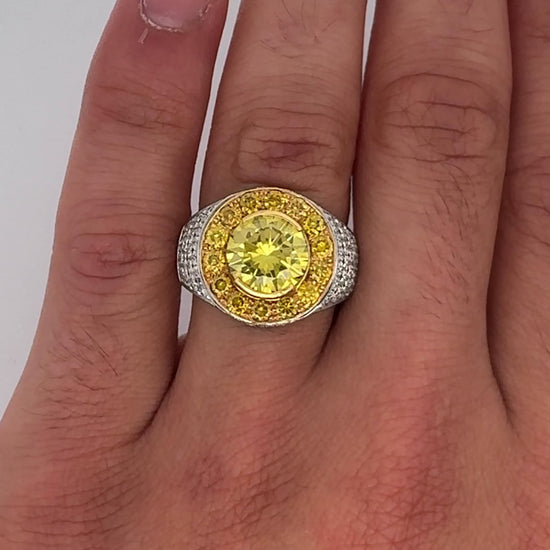 4.44 Carat Round Cut Yellow Diamond 18K Gold Halo Mens Ring