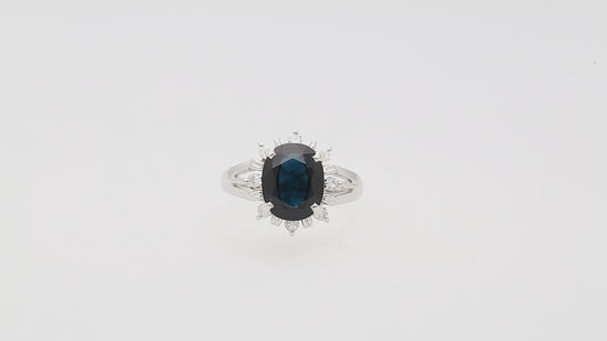 3.62 Carat Oval Blue Sapphire and Diamond Halo Platinum Split Ring